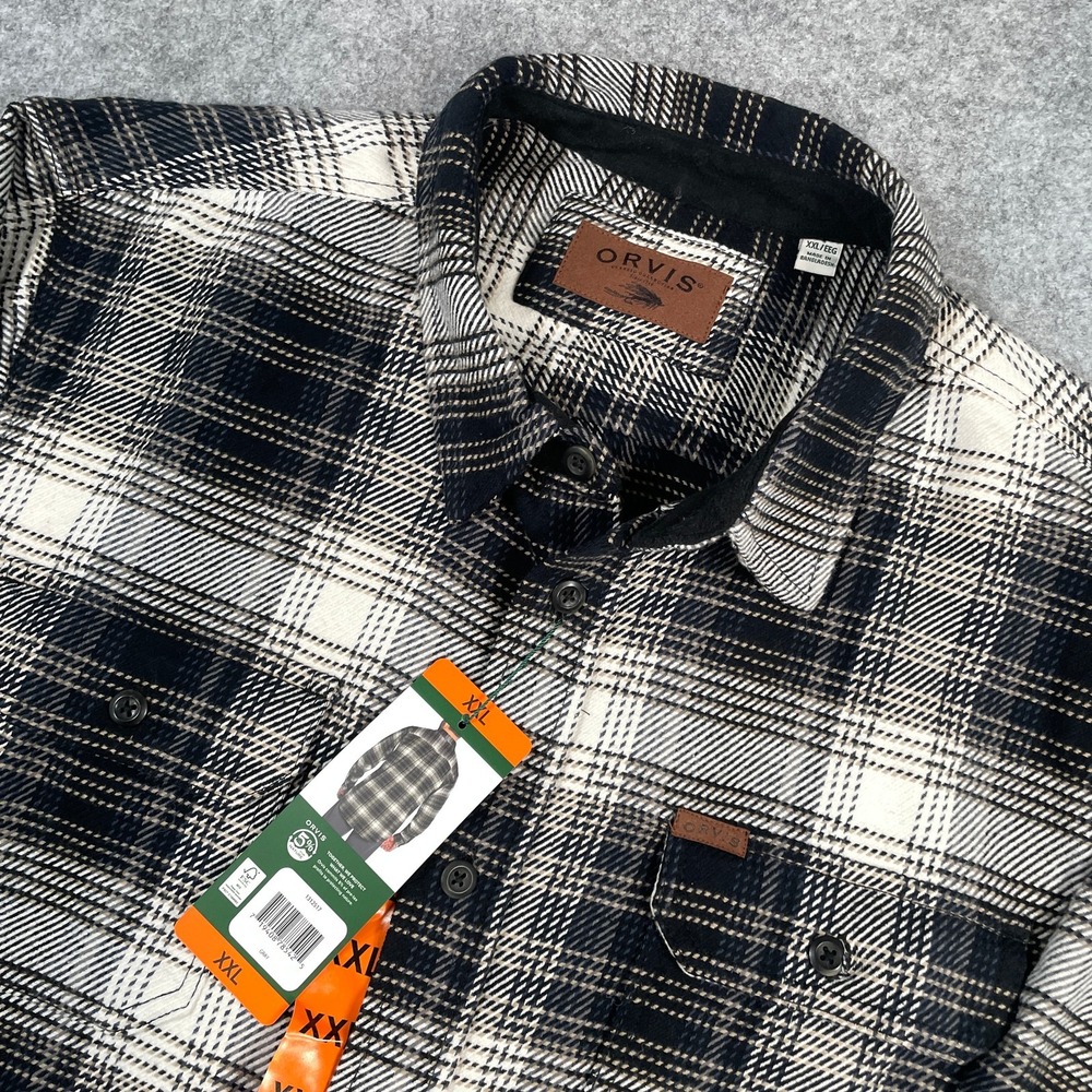 Orvis Mens Flannel Shirt XXL Black White Plaid Long Sleeve Double Pocket NWT